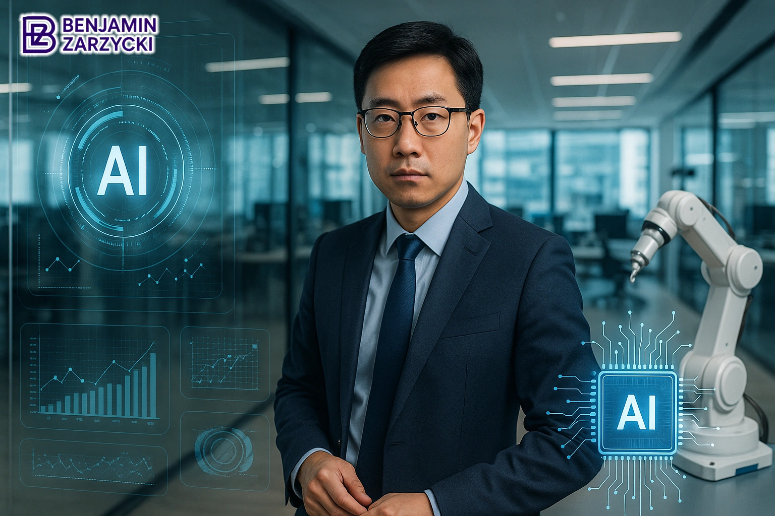 data visual AI, dan elemen futuristik seperti robot lengan otomatis atau chip kecerdasan buatan.