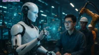 data visual AI, dan elemen futuristik seperti robot lengan otomatis atau chip kecerdasan buatan.