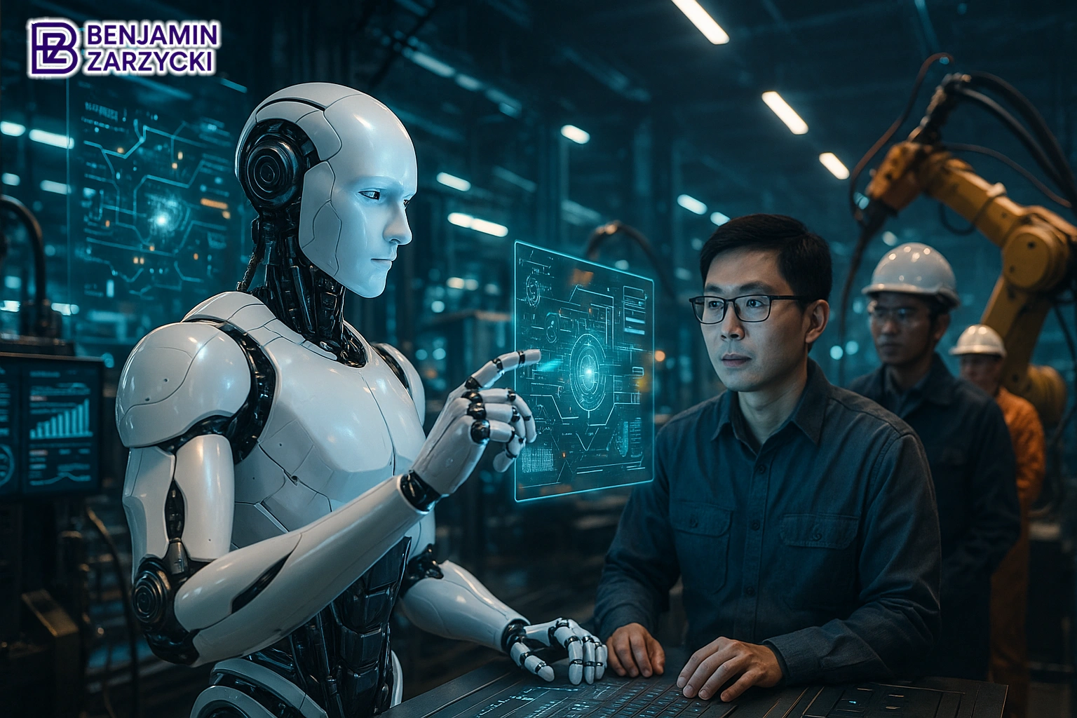 data visual AI, dan elemen futuristik seperti robot lengan otomatis atau chip kecerdasan buatan.