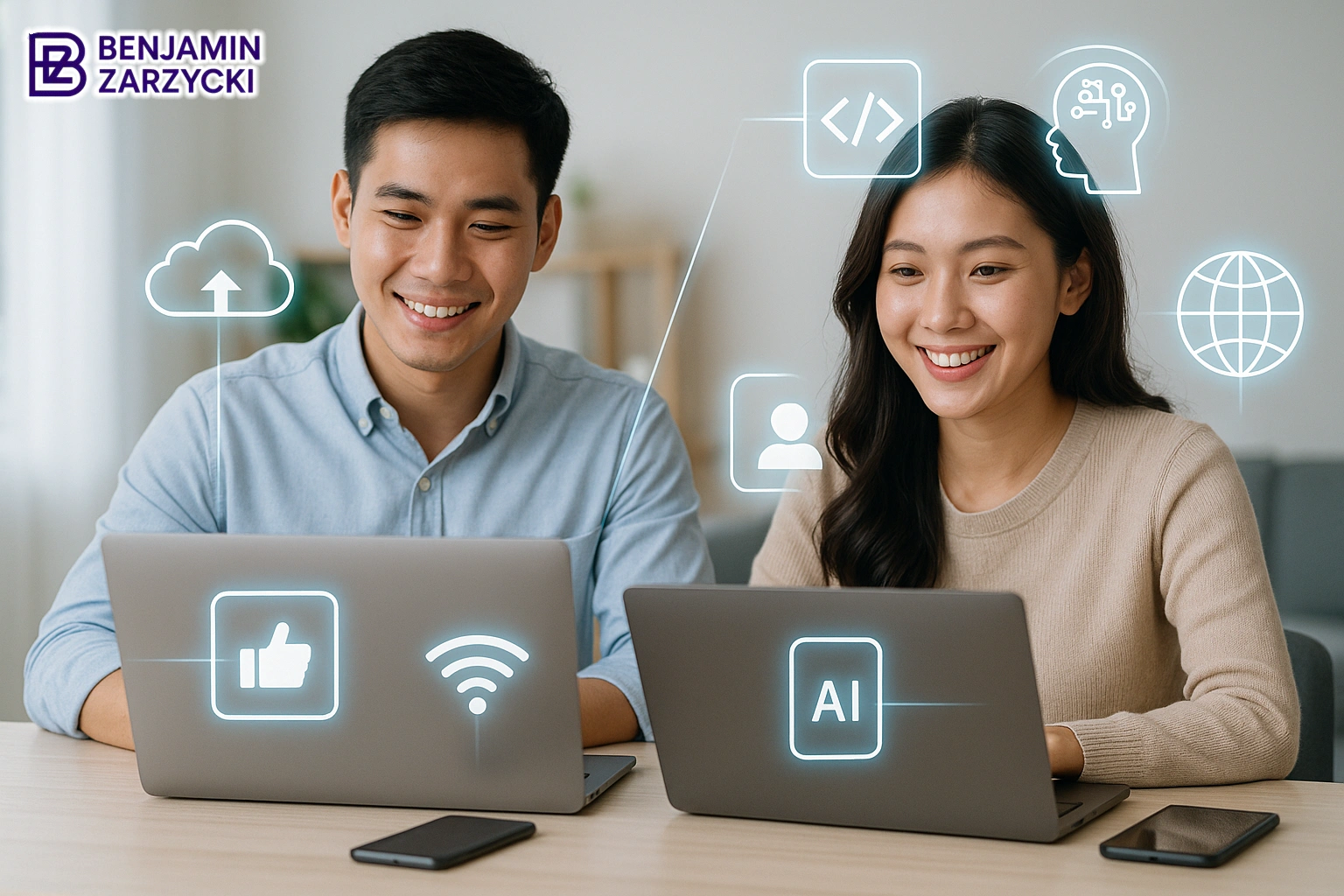 young Southeast Asian man and woman sitting at a modern desk with laptops, smartphones, and tablets around them.